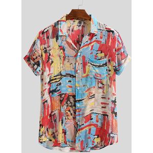 Mannen Katoen Korte Mouwen Licht-Shirt Shirt Heren Ademend Kleurrijke Afdrukken Losse Turn Down Kraag Shirt 3.25