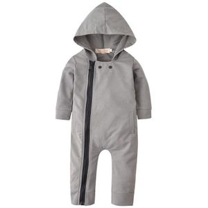 Pasgeboren Jongen Romper Baby Kleding Mode Katoen Grijs Hooded Lange Mouwen Zip Jumpsuit Herfst Baby One-Stukken Kleding Outfits