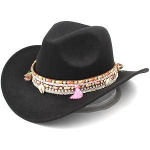 Mistdawn Vrouwen Dames Wol Brede Rand Western Cowboy Hoed Cowgirl Rijden Kostuum Cap Kwastje Bohemen Hatband Size 56-58 Cm Bbd