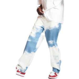 Mannen Casual Losse Rechte Denim Broek Jogging Casual Jeans Tie Dye Print Sky Blue Lange Broek Rechte Jeans