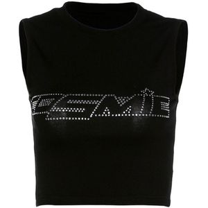Vrouwen Zomer Korte Mouw/Mouwloze Crop Top Boor Strass Cosmic Brief T-shirt Navel Slanke Vest Club Streetwear