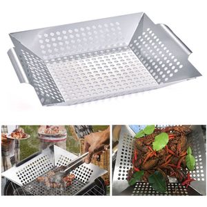 Barbecue Grill Pan Bakplaat Roestvrij Stalen Vierkante Groente Grill Mand Bbq Rooster Topper Groenten Barbecue Wok Tool