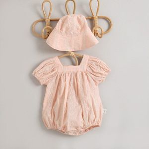 2022 Zomer Solid Hollow Sweet Baby Meisje Jumpsuit Leuke Katoen Prinses Bodysuit Met Kid Zon Bescherming Emmer Hoed