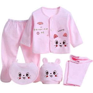 Pasgeboren Kleding 5 Stuks Nachtkleding Set Baby Jongens Meisjes Cartoon Lange Mouwen Tops + Hoed + Broek + Bib Outfits set