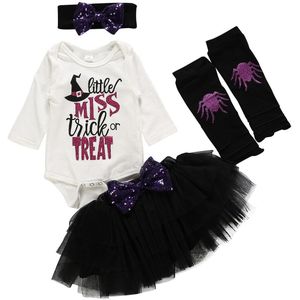 4Pcs Peuter Meisjes Halloween Romper + Rok + Strik Hoofdband Hoofdband Brief Print Kostuum