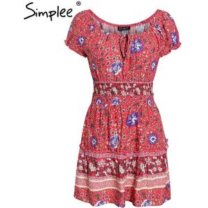 Simplee bloemenprint 2 stuks vrouwen zomer jurk Elegante ruches off shoulder korte jurken Vintage lace up beach mini zonnejurk