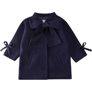 Lente Herfst Baby Kleding Kids Baby Meisjes Houten Jas Lange Mouwen Strik Navy Blauwe Jas Warm Outfits Tops