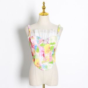 Twotwinstyle Print Patchwork Ruffle Mesh Vest Voor Vrouwen Spaghetti Band Vintage Vesten Vrouwelijke Zomer Mode Kleding