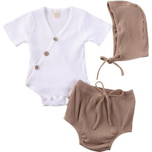 0-24M Baby Baby Jongen Meisje Kleding Sets Katoen Romper Tops + Shorts Hoeden 3Pcs Solid Zomer outfit Set