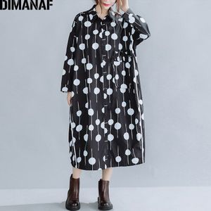 Dimanaf Plus Size Vrouwen Shirt Jurk Herfst Kleding Lady Vestidos Lange Mouwen Losse Casual Print Dot Pockets Zwarte Jurk