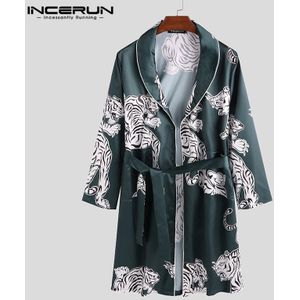 Mannen Gedrukt Robes Lange Mouwen Faux Zijde Satijn Revers Pockets Kimono Nachtkleding Mode Casual Homewear Badjas INCERUN S-3XL