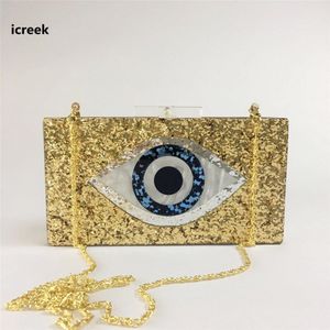 Stijl brand Golden eye sequin patchwork clutch purse luxe party acryl avondtasje bling bling vrouwen handtassen doos