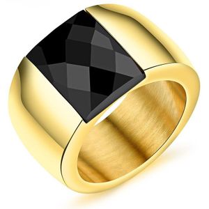 Lokaer Trendy Zwart Vierkant Cz Crystal Mannen Ring Goud Kleur Punk Stijl Roestvrij Staal 14Mm Breedte Vinger Ringen voor Jongen R19082