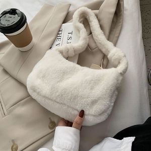 Eenvoudige Zachte Pluche Vrouwen Kleine Portemonnee Handtassen Faux Fur Dames Schoudertassen Effen Kleur Vrouwelijke Tote Baguette Onderarm Zak