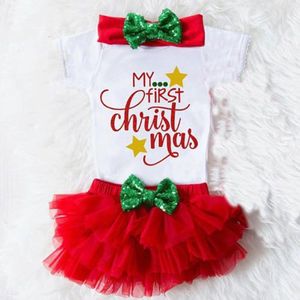 Mijn Eerste Kerst Baby Meisjes Romper Fancy Shorts Jurk Set Kleding Baby Kleding 3Pcs Kerst's Baby