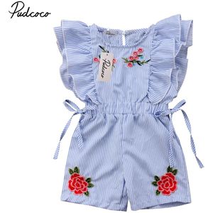 Brand Leuke Zomer Peuter Baby Meisje Romper Korte Bloemblaadje Mouw Elastische Taille Bloemenprint Gestreepte Blue Lace Up jumpsuits