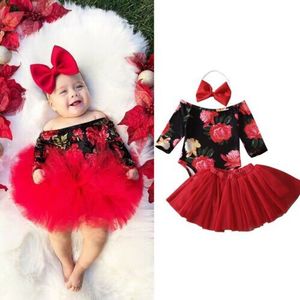3Pcs Bloemenprint Romper Jumpsuit + Tutu Rok + Hoofdband Outfit Set Pasgeboren Baby Meisje Kleding Sets