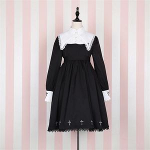 Gothic Lolita Jurk Meisje Op Kant Vrouwen Cross Patroon Borduurwerk Cosplay Party Lange Mouwen Nun Zus Punk Prom Zomer Zwart rood