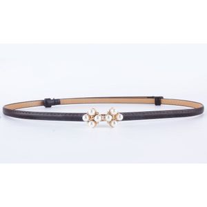 Vrouwen Mode Parel Bloem Gesp Riemen Verstelbare Dunne Tailleband Jurk Decoratieve Cumberbanden Smalle Zwart Pu Lederen