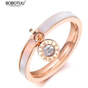 JeeMango Etnische Rose Gold CZ Crystal Rhinestone Titanium Staal Wit Shell Trouwringen Voor Vrouwen JR19064