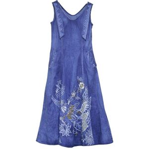 Zomer Jurk Yuzi. kan Boho Denim Vrouwen Jurken O-hals Mouwloze Vintage Borduurwerk Swing Hem Zonnejurk A82168 Vestidos