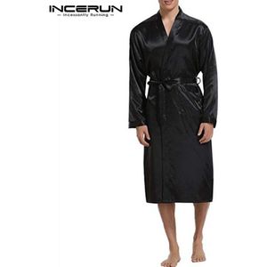 INCERUN Mens Zijde Satijn Nachtkleding Lang Gewaad Effen Mannelijke Badjas Loungewear Lange Mouw Kimono Mannen Pyjama Leisure Kamerjas