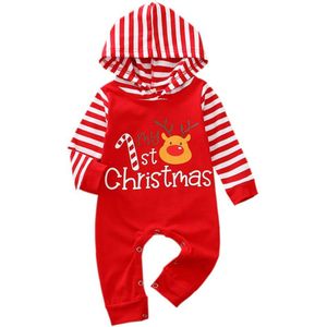 Pasgeboren Jongens Meisjes Kerst Jumpsuits Hooded Hals Streep Lange Mouw Cartoon Lange Romper Kleding