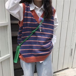 Vesten Vrouwen Gebreide Retro Gestreepte V-hals Losse Koreaanse Stijl Preppy Tank Uitloper Lui Chic Bf Populaire Vrouwelijke Kleding Dagelijks Leuke