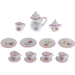 15pcs 1:12 Porselein Thee Cup Set Bloem Servies Keuken Dollhouse 1/12 Schaal Miniatuur (8 Patronen voor uw keuze)