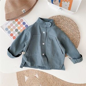 Lente Herfst Jongens En Meisjes Effen Kleur Coltrui Katoenen Shirts Unisex Mode Grote Zakken Losse Lange Mouw