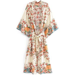 Vintage Chic Vrouwen Multi Bloemenprint Sjerpen Bohemian Kimono Dames V-hals Batwing Mouwen Boho Maxi Jurk Gewaad