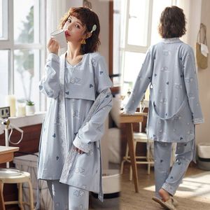 Lente Print Katoen Moederschap Verpleging Nachtkleding Set Drie Stuk Pyjama Pak Kleding Voor Zwangere Vrouwen Kant Zwangerschap Homewear