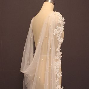 Parels Wedding Bolero Kant Lange 2.5 Meter Bridal Cape Met Lace Edge Wit Ivoor Bruid Jas Bruiloft Accessoires