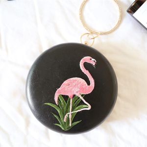 Vrouwen Borduren Flamingo Avondtassen Luxe Ronde Vormige Vrouwelijke Bruiloft Diner Tassen Schoudertassen Koppeling Purse