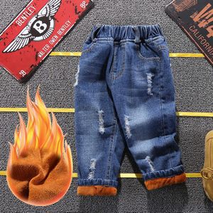 Winter Baby Jongens Warm Houden Katoen Jeans Kinderen casual Gat label Plus Dikker Fluwelen Meisjes Denim broek