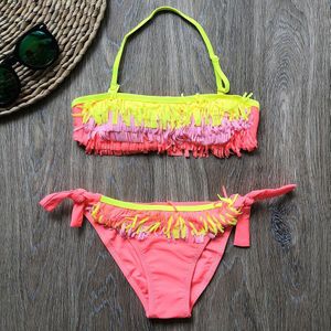 4-12 Years Baby Girl Swimsuit Kids Swimwear Tassel Little Girl Bikini Set Halter Top Bathing Suit Two Piece Children's Swimwear