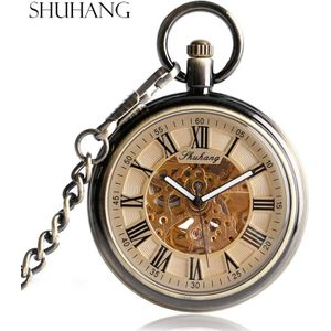 SHUHANG Pocket Horloges met Fob Chain Luxe Antieke Stijl Auto Mechanische Verpleging Klok Self Winding Hanger Relogio De Bolso