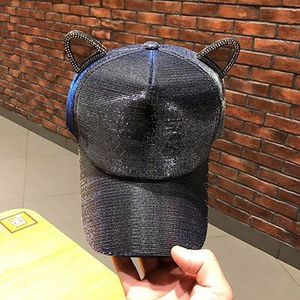 Korea Leuke Kat Oor Baseball Caps Vrouwen Mode Kleurrijke Glinsterende Hoeden Buitenshuis Straat Zon Vizieren Verstelbare 54-58 cm