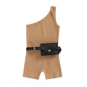 Kid Meisje Mode Een Schouder Playsuit Schuine Schouder Mouwloze Effen Kleur Romper Met Riem Tas Casual Zomer Kleding