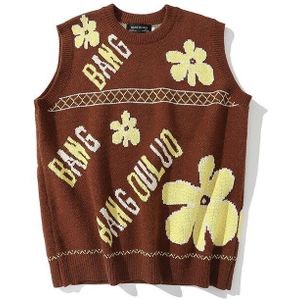 95% Katoen Vintage Knit Vest Mannen Truien Bloemenprint Bruin Herfst Jacquard Mouwloze Jumper Koreaanse Kleding