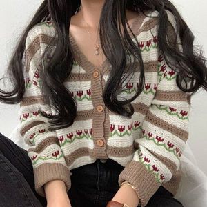 Woherb Koreaanse Vintage Bloemenprint Vest Vrouwen Sexy V-hals Hollow Out Gebreide Trui Jas Herfst Modis Pull Leuke Truien