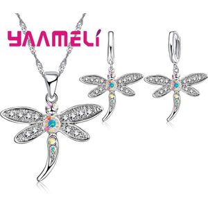 Echt 925 Sterling Zilveren Ab Gekleurde Cubic Zirkoon Ketting Oorbellen Sieraden Sets Voor Vrouwen Meisjes Cz Crystal Dragonfly