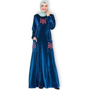 Dubai Kaftan Fluwelen Moslim Jurk Vrouwen Kimono Jubah Gewaad Abaya Hijab Jurken Islamitische Kleding Turkije Arabisch Jurk Met Zakken