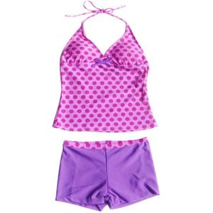 TiaoBug Zomer Kids Teens Paars Halter Stippen Tankini Badmode Badpak Meisjes Zwemmen Tops met Shorts Bikini Set Badpak