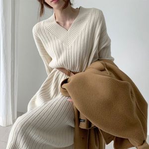 Herfst Winter Gebreide Trui Jurk Solid Beige Koffie Casual Loose Lange Trui Kroean Stijl V-hals Eenvoudige Jurk Geen Riem