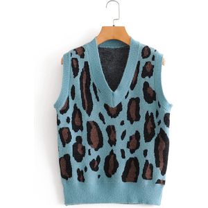 Za Vrouwen Trui Vest Za Mode Mouwloze Luipaard Print Casual Losse Blauwe Gebreide Vest Top