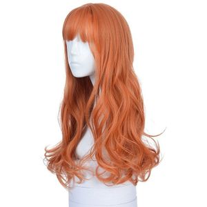 Vicwig Vrouwen Synthetische Pruik Oranje Grote Golf Lange Cosplay Pruik Met Pony Hittebestendige Rose Netto