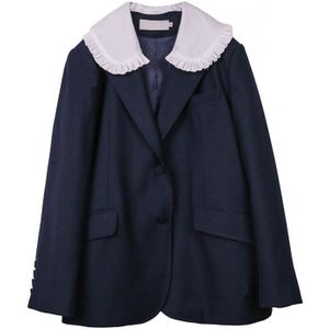 [Eam] Vrouwen Marineblauw Plisse Big Size Blazer Revers Lange Mouwen Losse Fit Jas Mode Tij Voorjaar herfst 1DA497