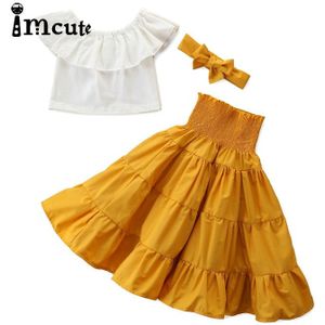 Imcute Peuter Kids Baby Meisjes Off Shoulder Ruches Top Overhemd Elastische Taille Rok 3Pcs Solid Zomer Outfit Set Kleren 2-7T