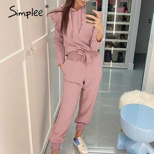 Simplee Elegante Effen Vrouwen Jumpsuits Ruche Mouw Hooded Kraag Herfst Winter Jumpsuit Romper Streetwear Dames Pocket Overall